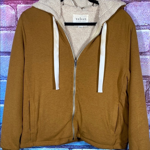 Velvet Hoodie M Brown Sherpa Zip-Up by Graham & Spencer Cozy Streetwear Jacket - Picture 2 of 8